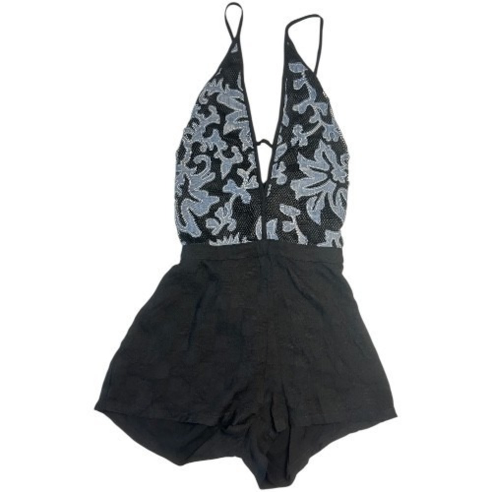 Lulumari Black Blue Lace Plunge Romper Crisscross Back Floral Mesh Womens S